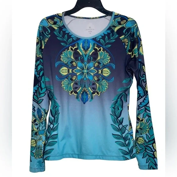 Athleta Runaway Paisley Activewear Teal Blue & Green LS Top Sz M - Picture 2 of 6
